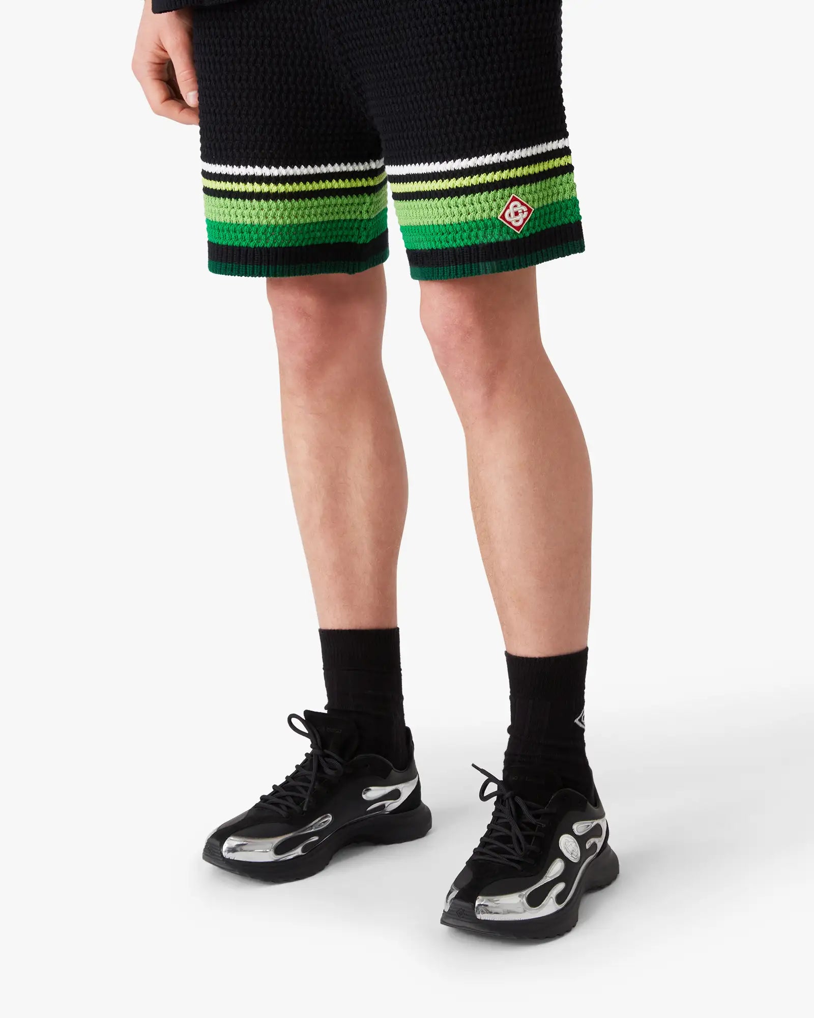 Black & Green Striped Crochet Shorts