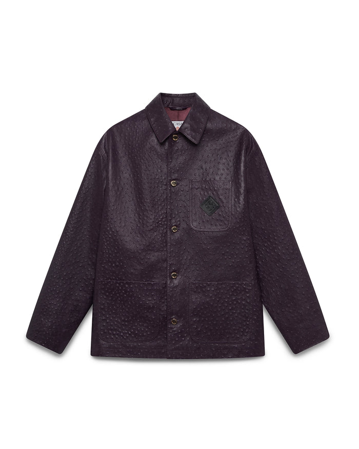 Purple Ostrich Embossed Leather Workwear Jacket