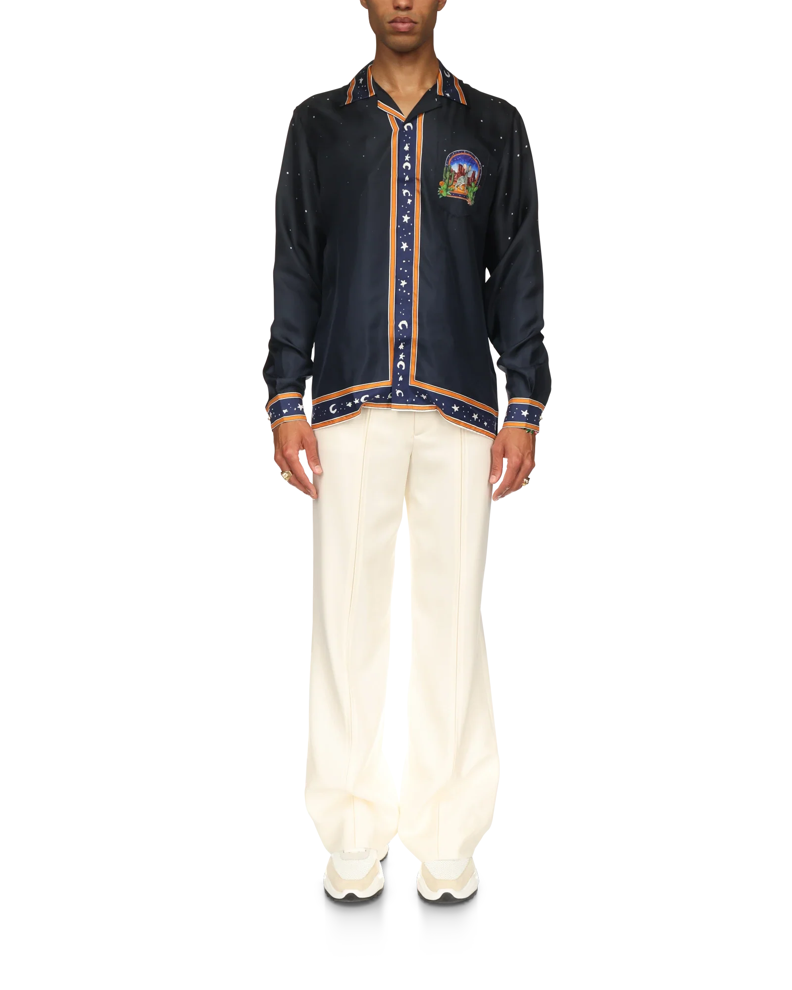 L'Arche Du Desert Nuit Cuban Collar Long Sleeve Silk Shirt