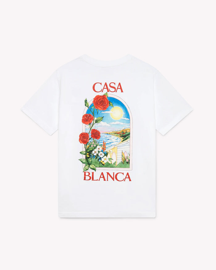 Casa Blanca logo with scenic design and roses on a white background