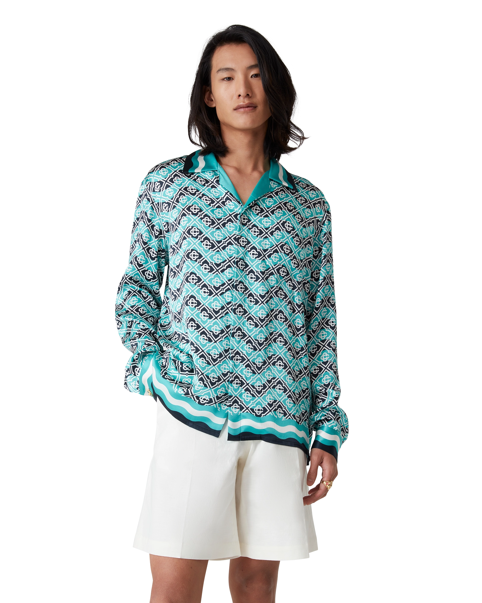 Monogram Wave Long Sleeve Silk Shirt