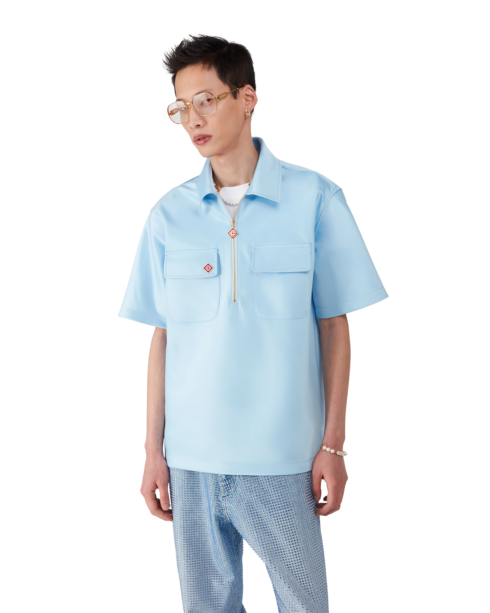 Satin Quarter Short Sleeve Zip Shirt