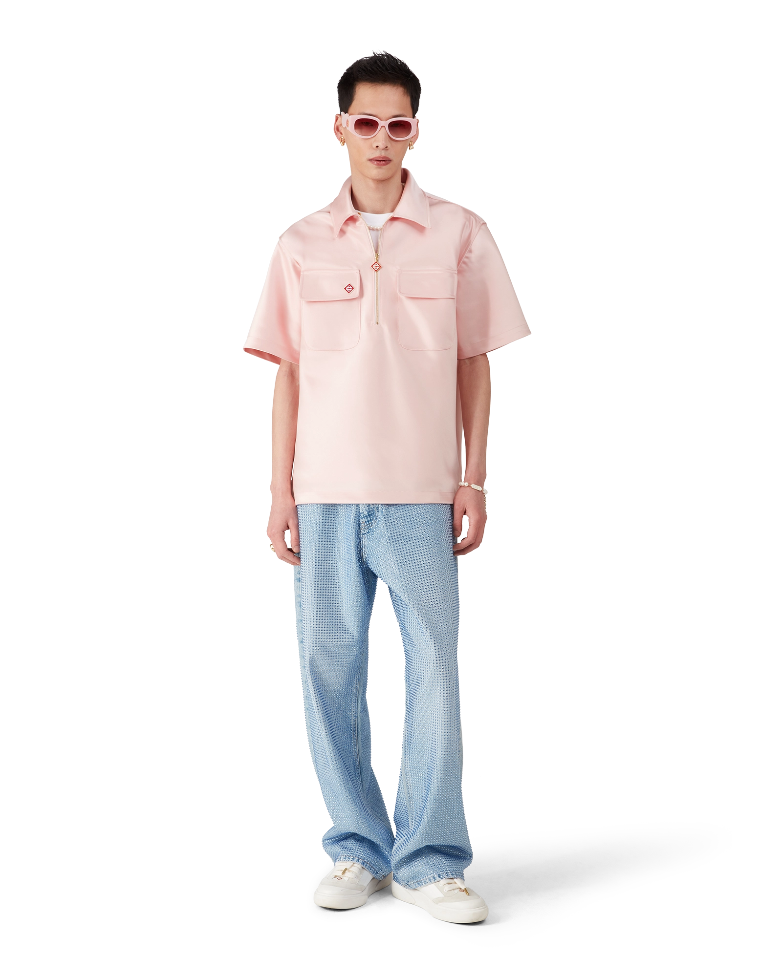 Satin Quarter Short Sleeve Zip Shirt