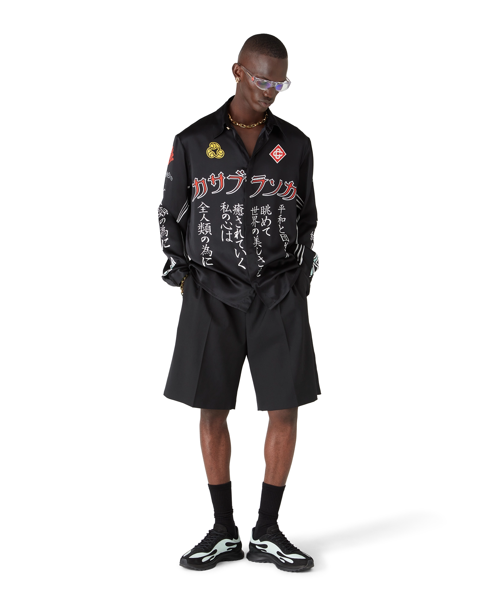 Chemise à manches longues en satin de soie Emblem