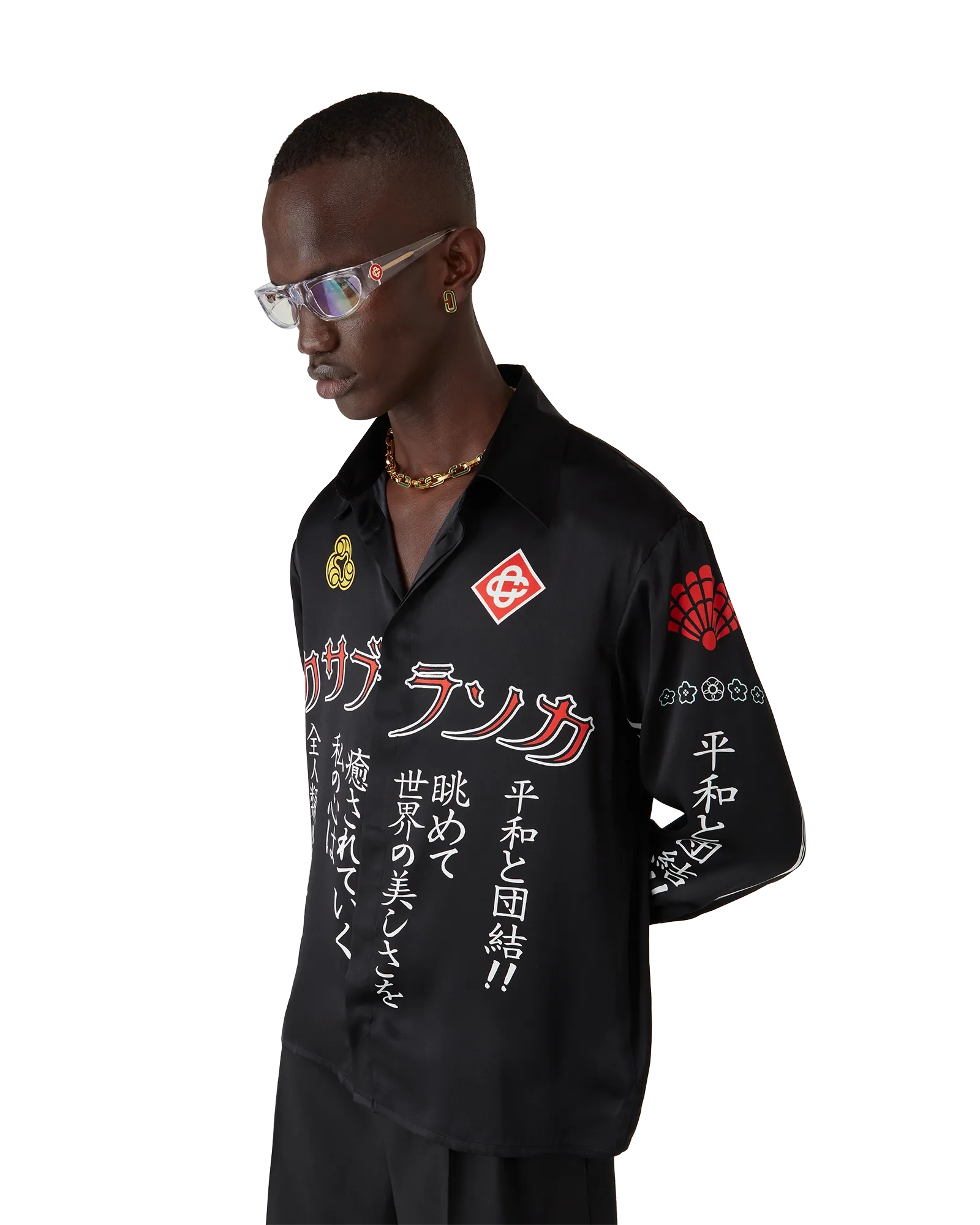 Chemise à manches longues en satin de soie Emblem