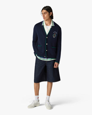 Black Hotel Emblem Embroidered Wool Cardigan