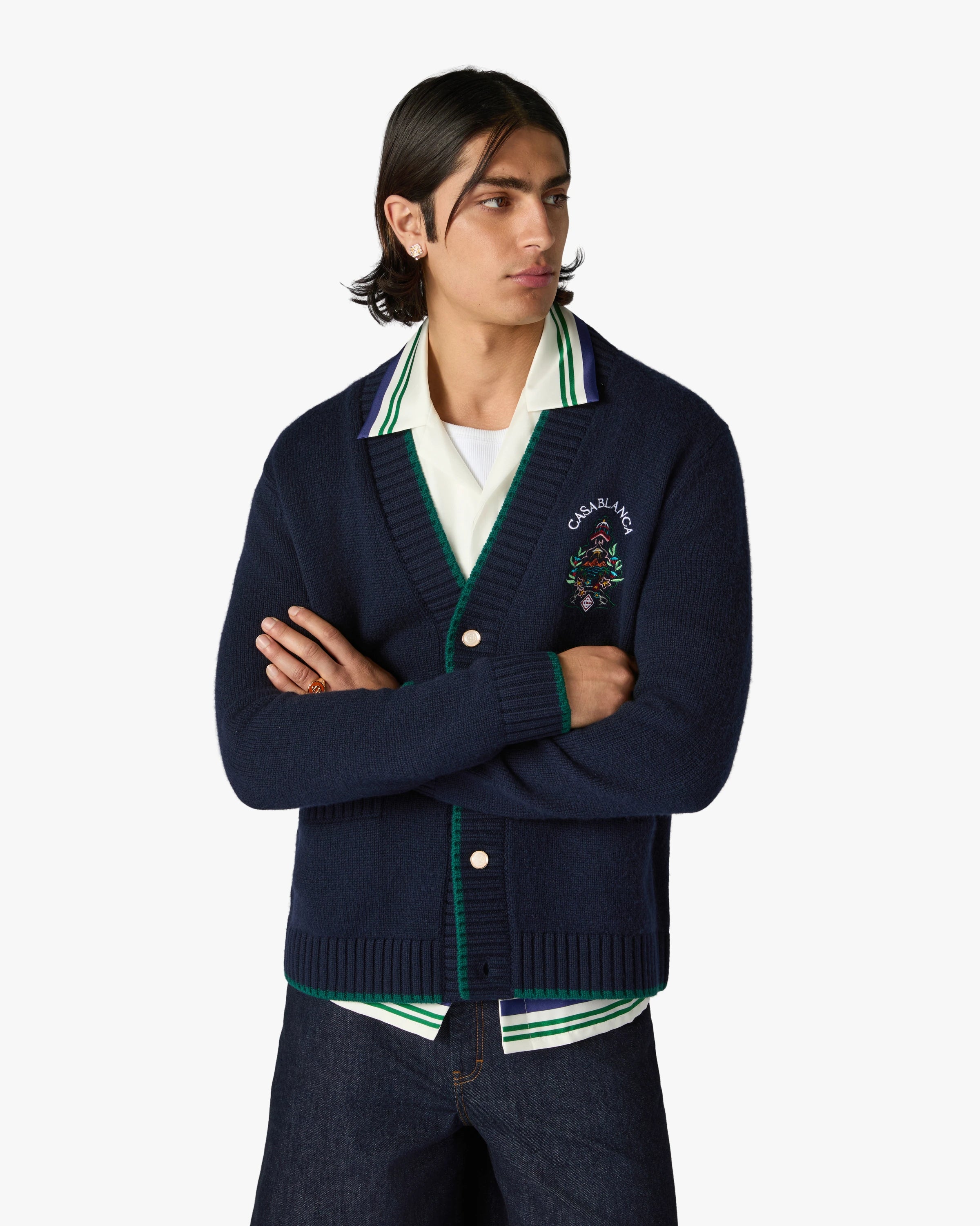 Black Hotel Emblem Embroidered Wool Cardigan