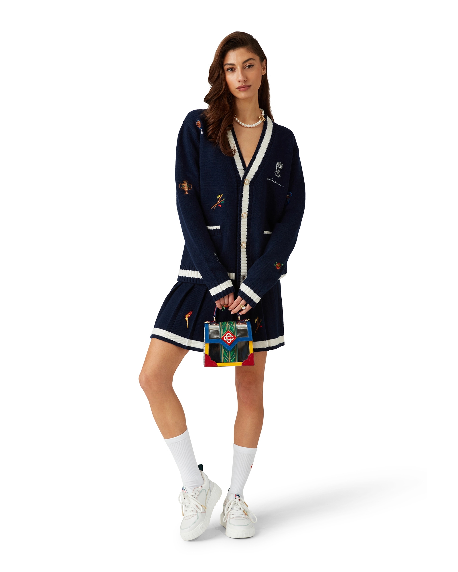 Embroidered Motif Wool Cashmere Pleated Skirt