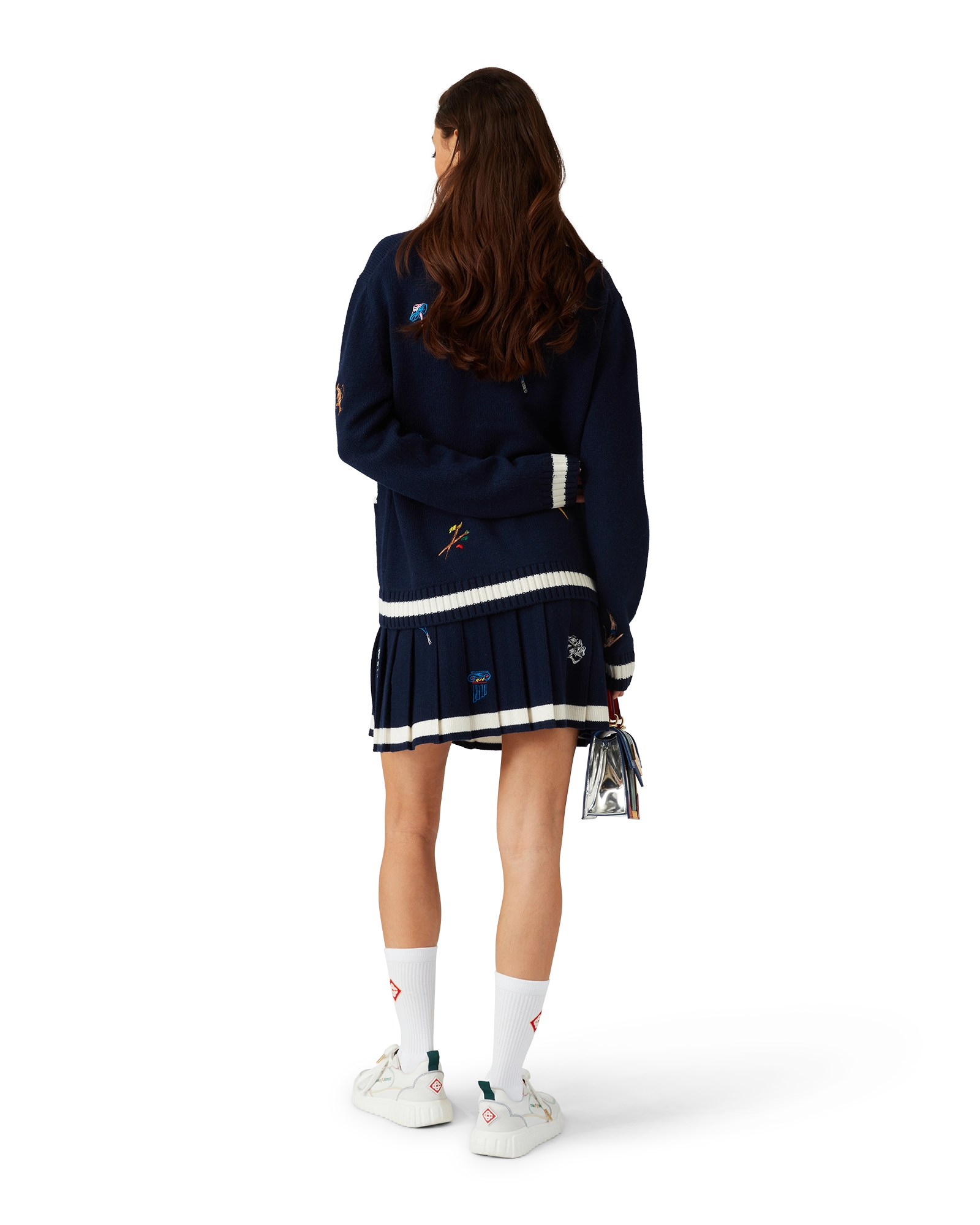 Embroidered Motif Wool Cashmere Pleated Skirt