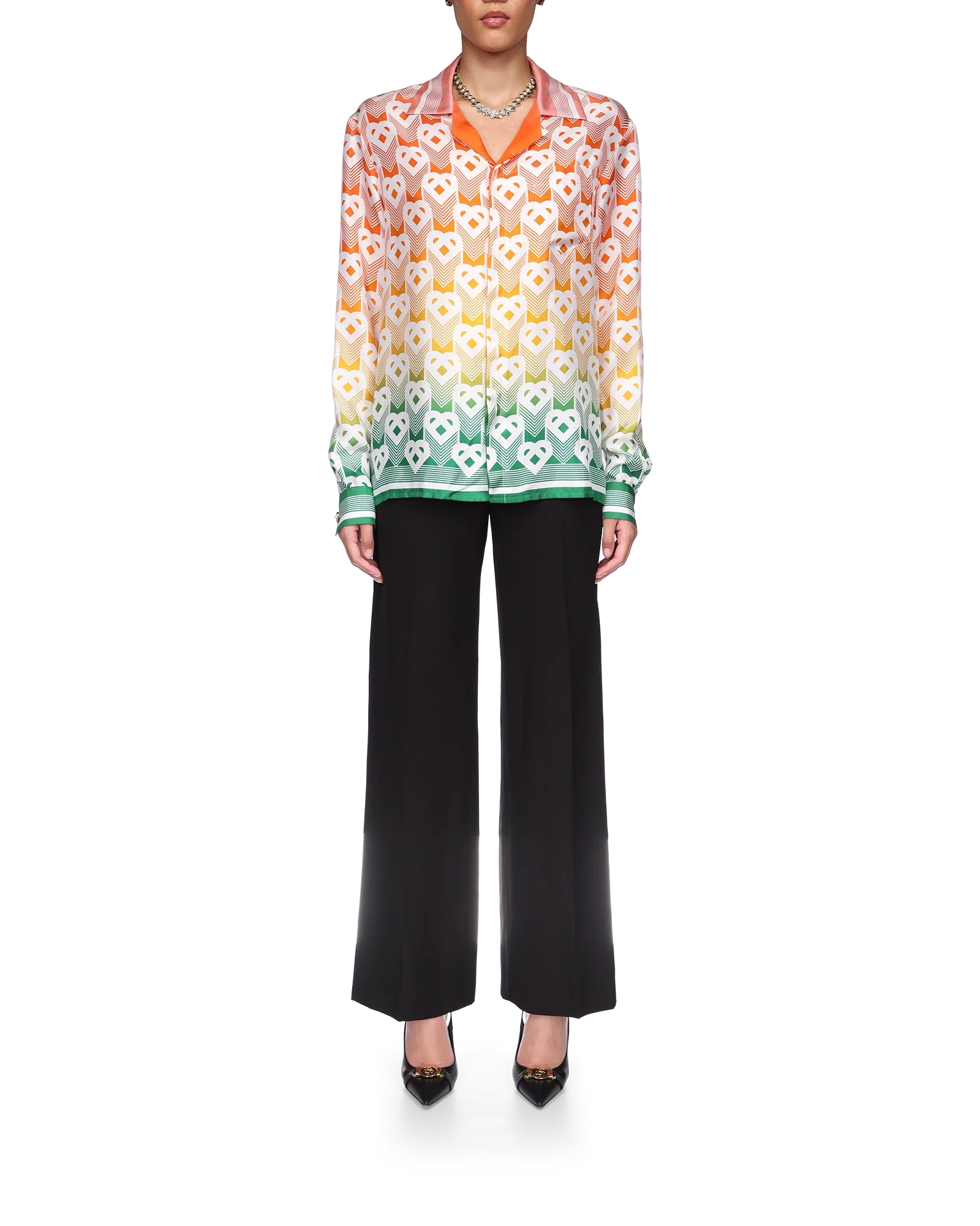 Gradient Heart Monogram Long Sleeve Silk Shirt