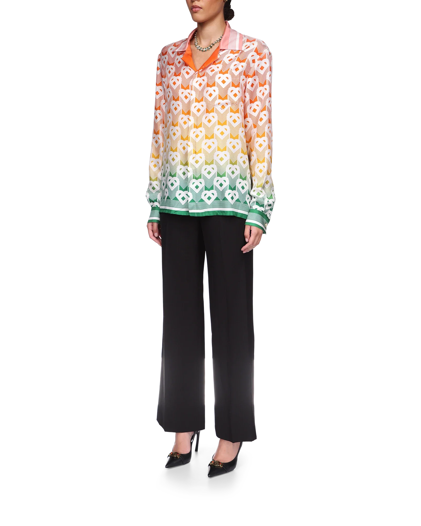 Gradient Heart Monogram Long Sleeve Silk Shirt