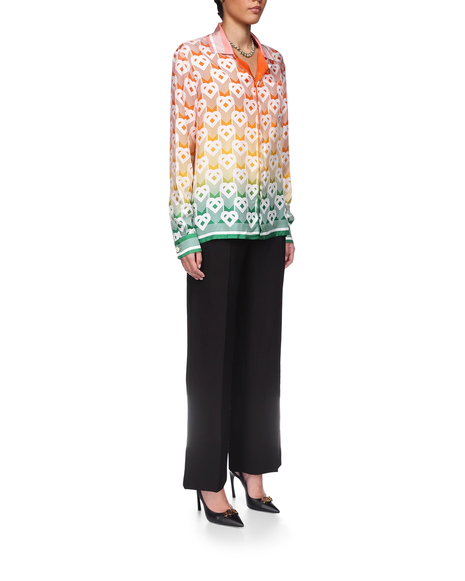 Gradient Heart Monogram Long Sleeve Silk Shirt