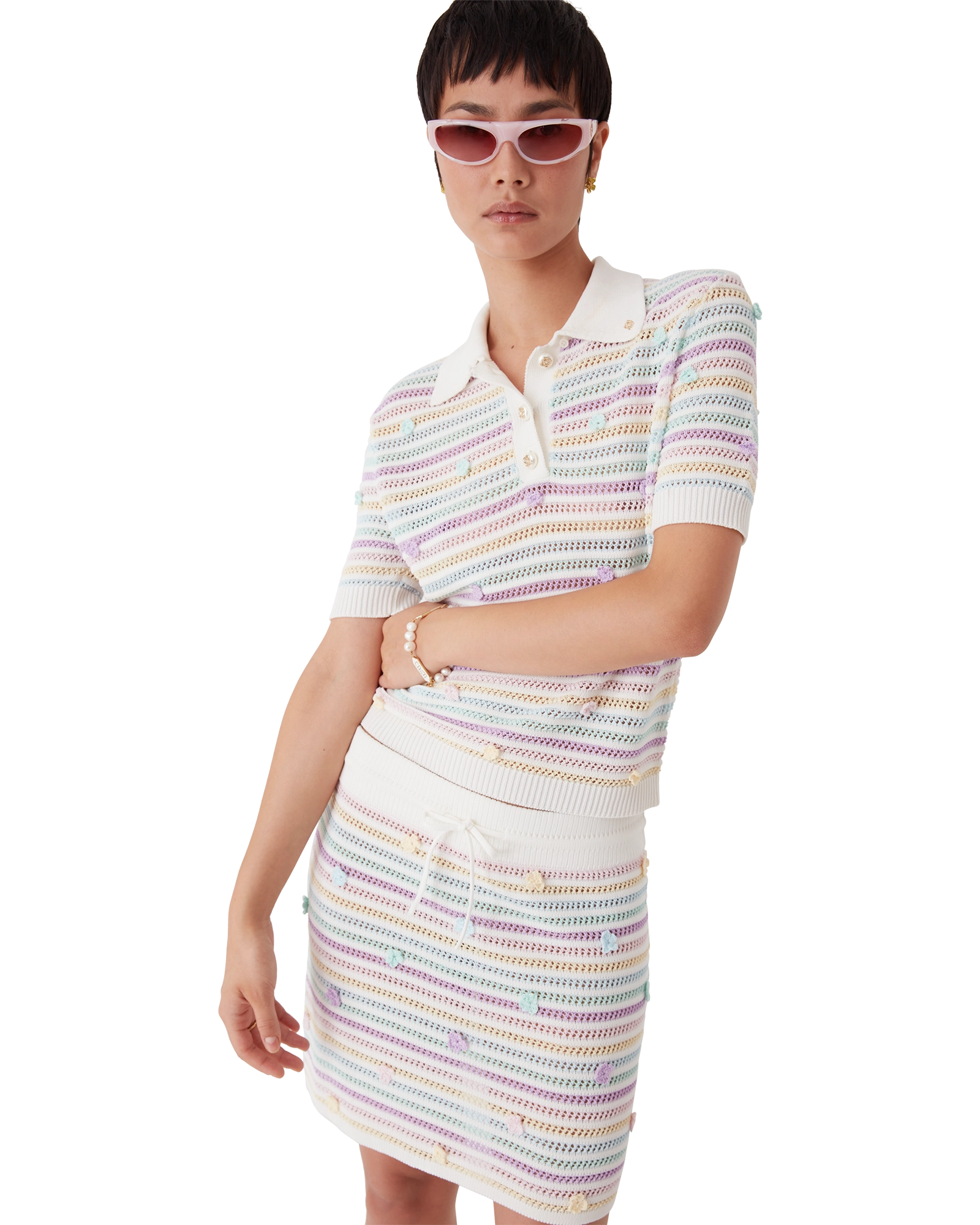 Flower Stripe Cotton Crochet Polo