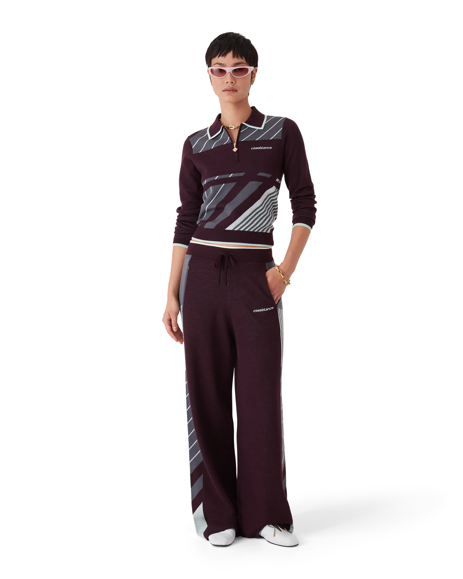 Diagonal Tennis Merino Long Sleeve Polo Shirt