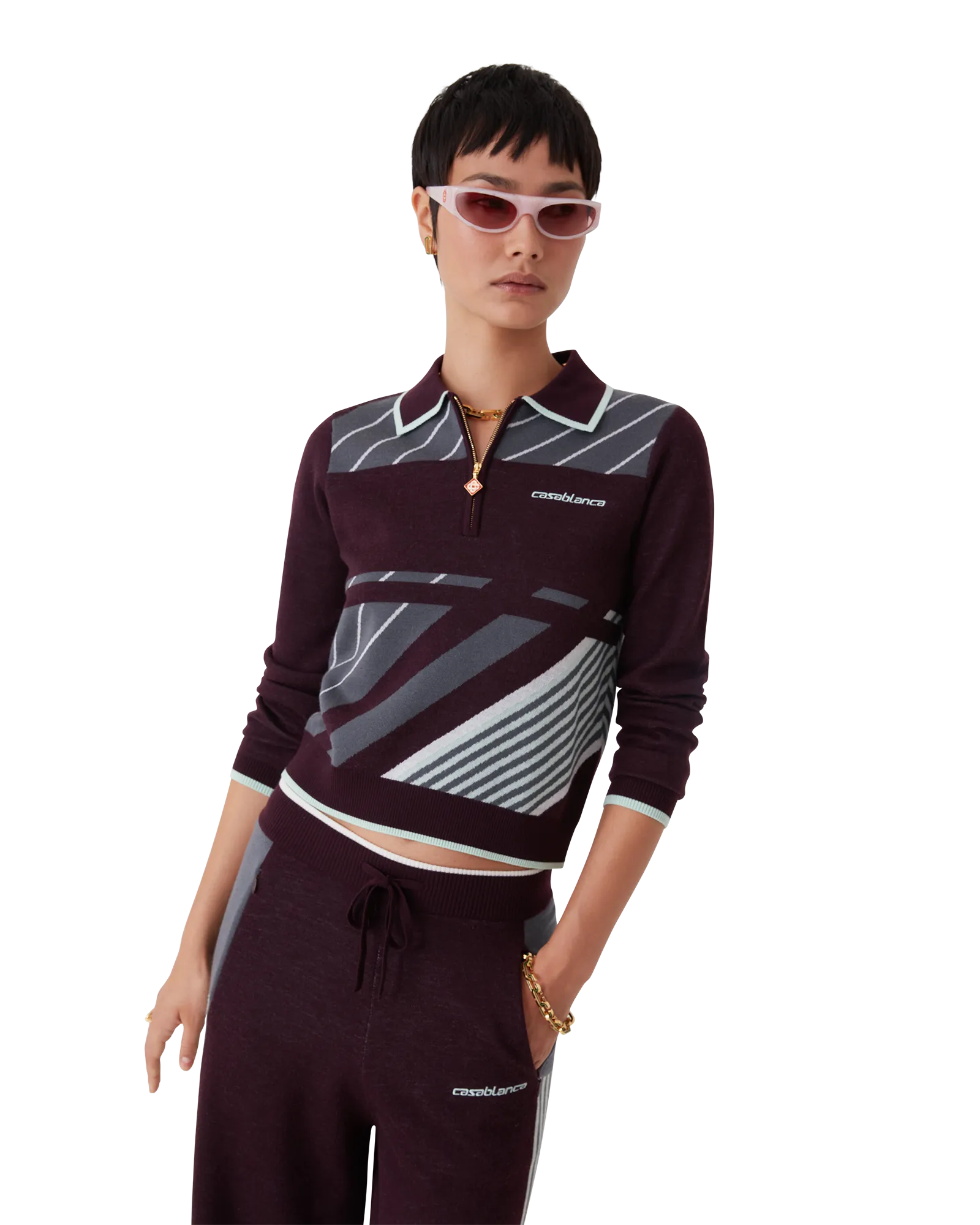Diagonal Tennis Merino Long Sleeve Polo Shirt