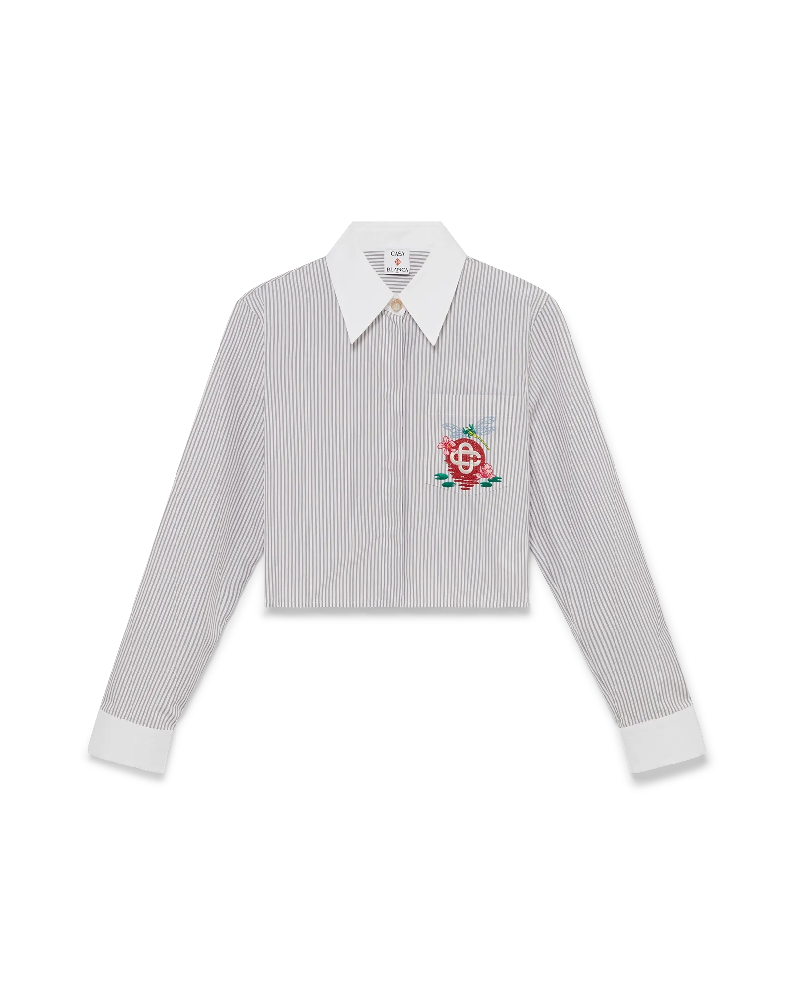 Cotton Pinstripe Embroidered Cropped Shirt