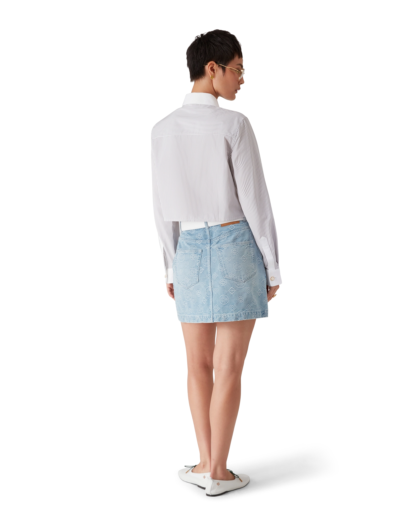 Cotton Pinstripe Embroidered Cropped Shirt