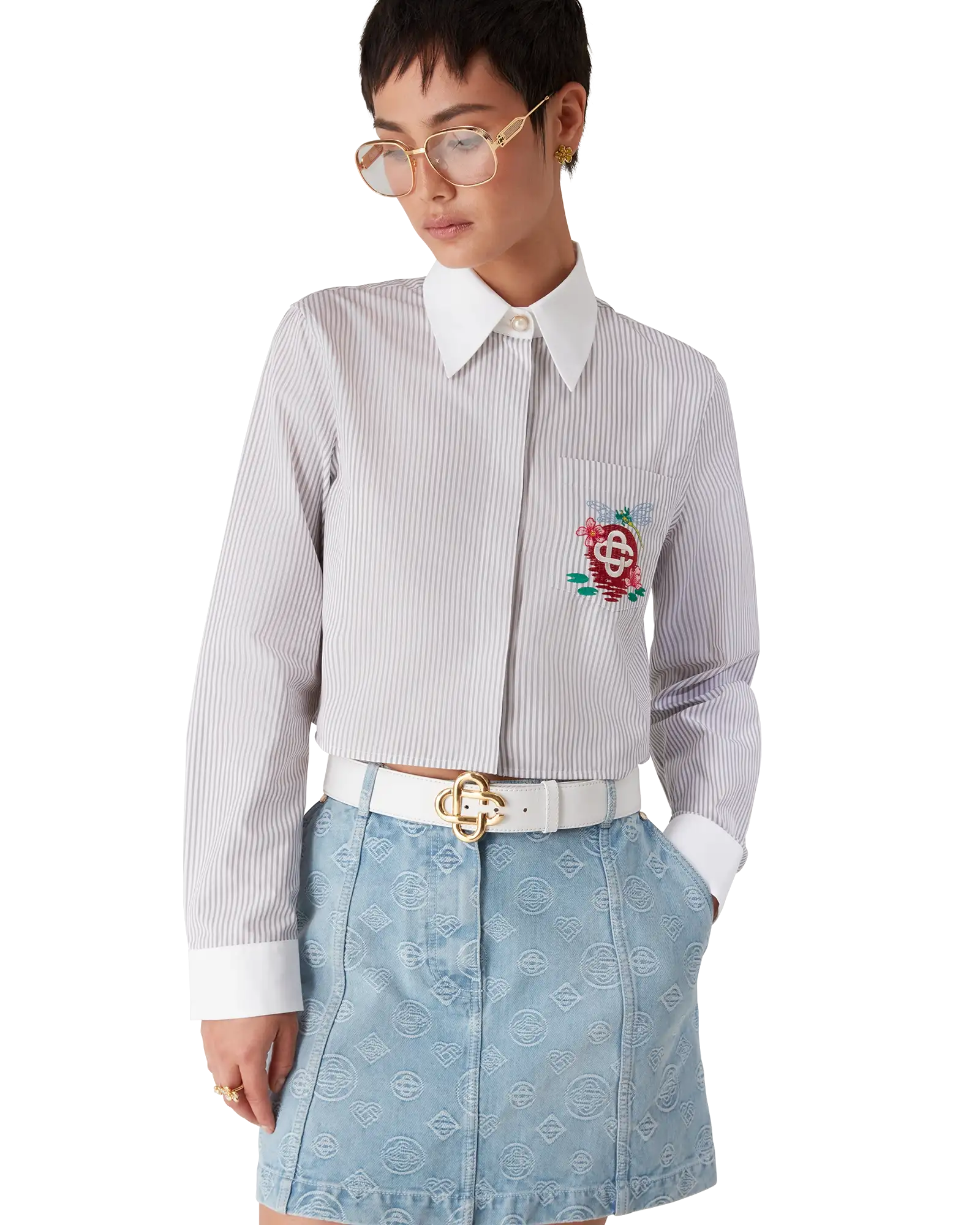 Cotton Pinstripe Embroidered Cropped Shirt