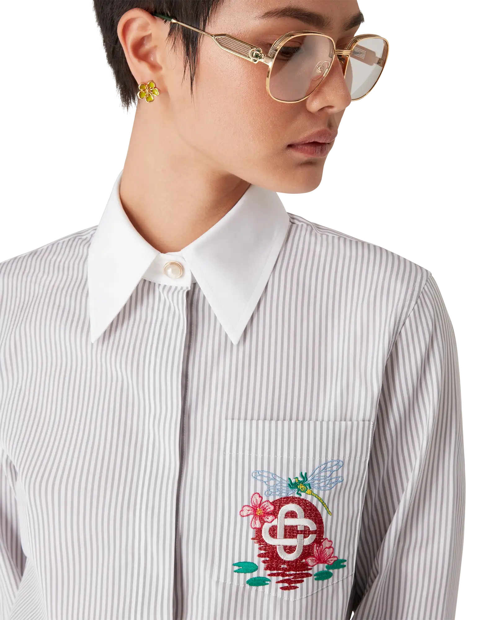 Cotton Pinstripe Embroidered Cropped Shirt