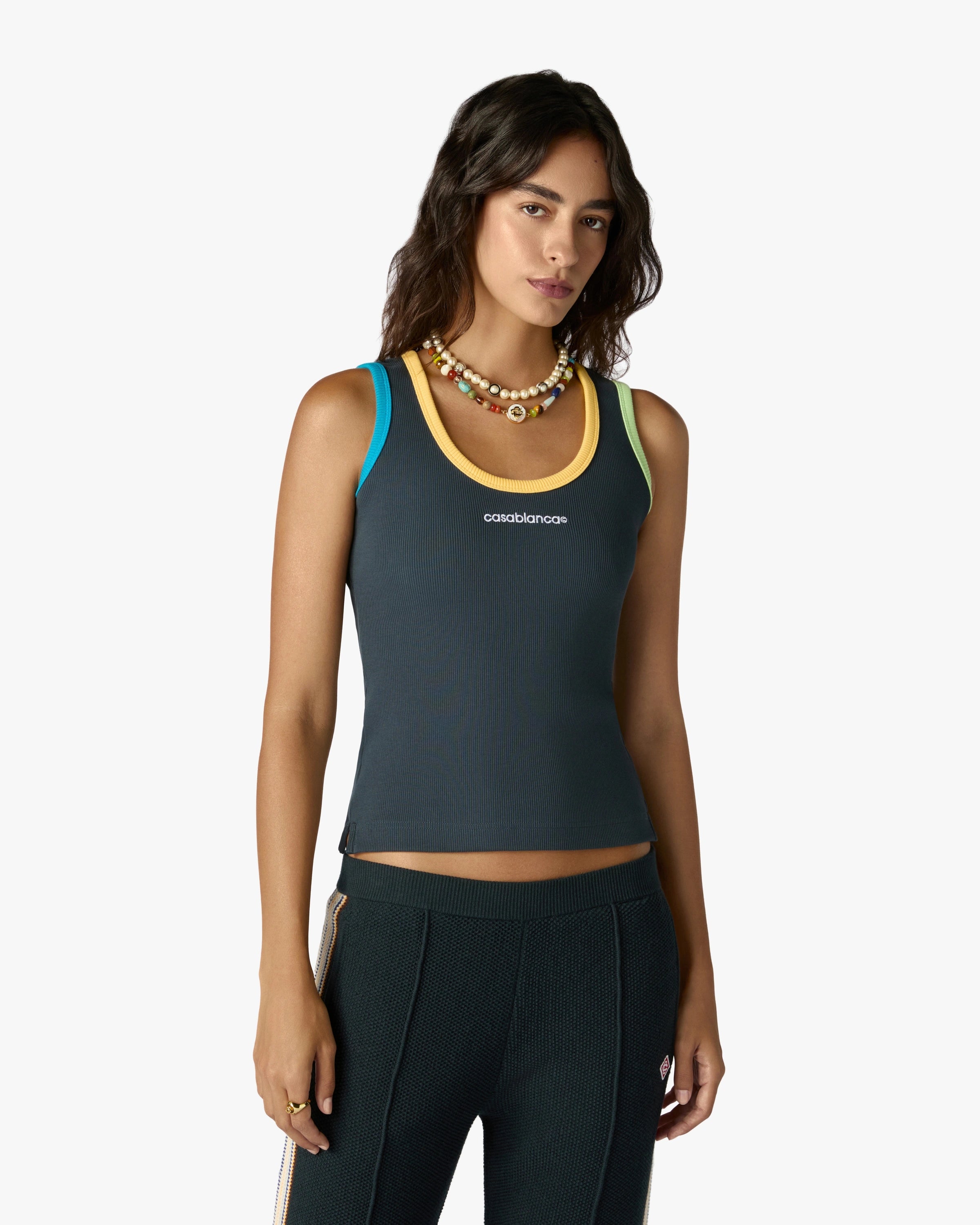 Navy Colourblock Ribbed Tank Top