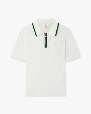 White Pointelle Monogram Short Sleeve Cropped Polo Shirt