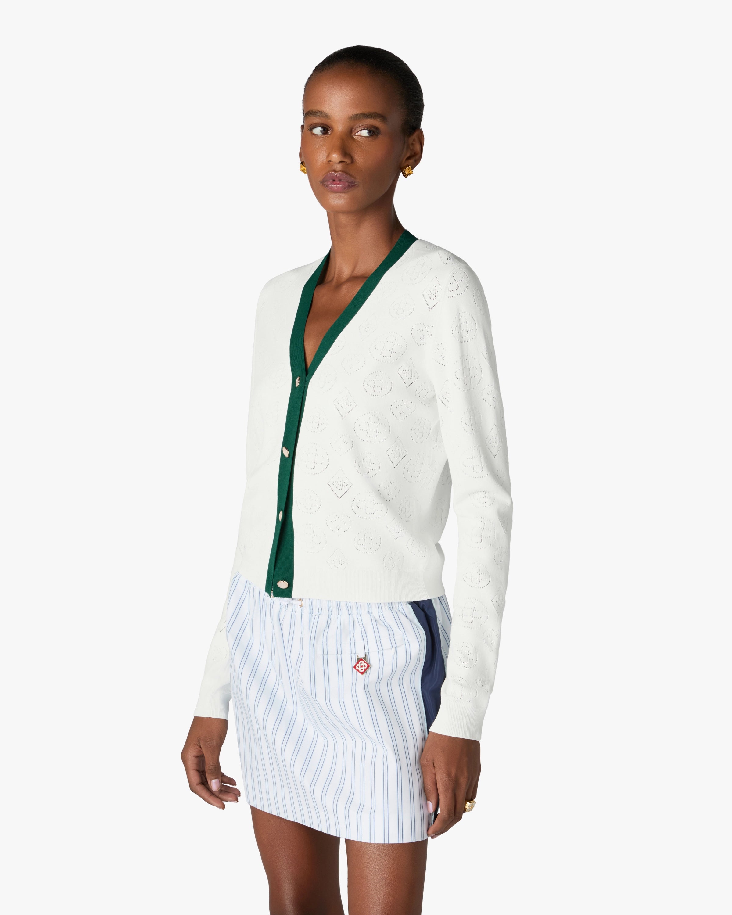 White Pointelle Monogram Cardigan