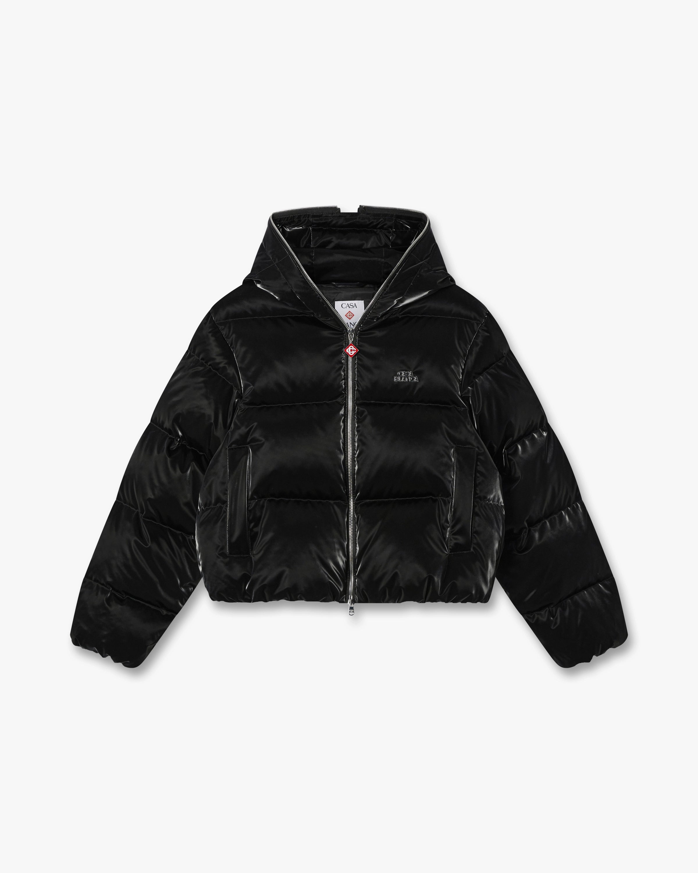 Black Lacquered Cropped Nylon Puffer Down Jacket
