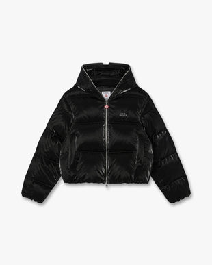 Black Lacquered Cropped Nylon Puffer Down Jacket
