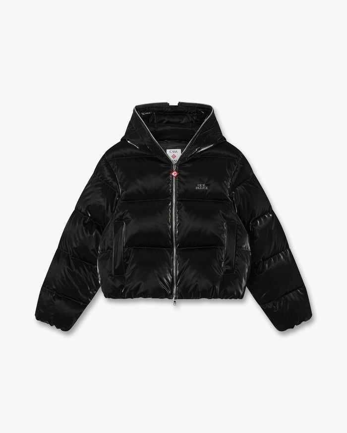 Black Lacquered Cropped Nylon Puffer Down Jacket