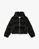 Black Lacquered Cropped Nylon Puffer Down Jacket