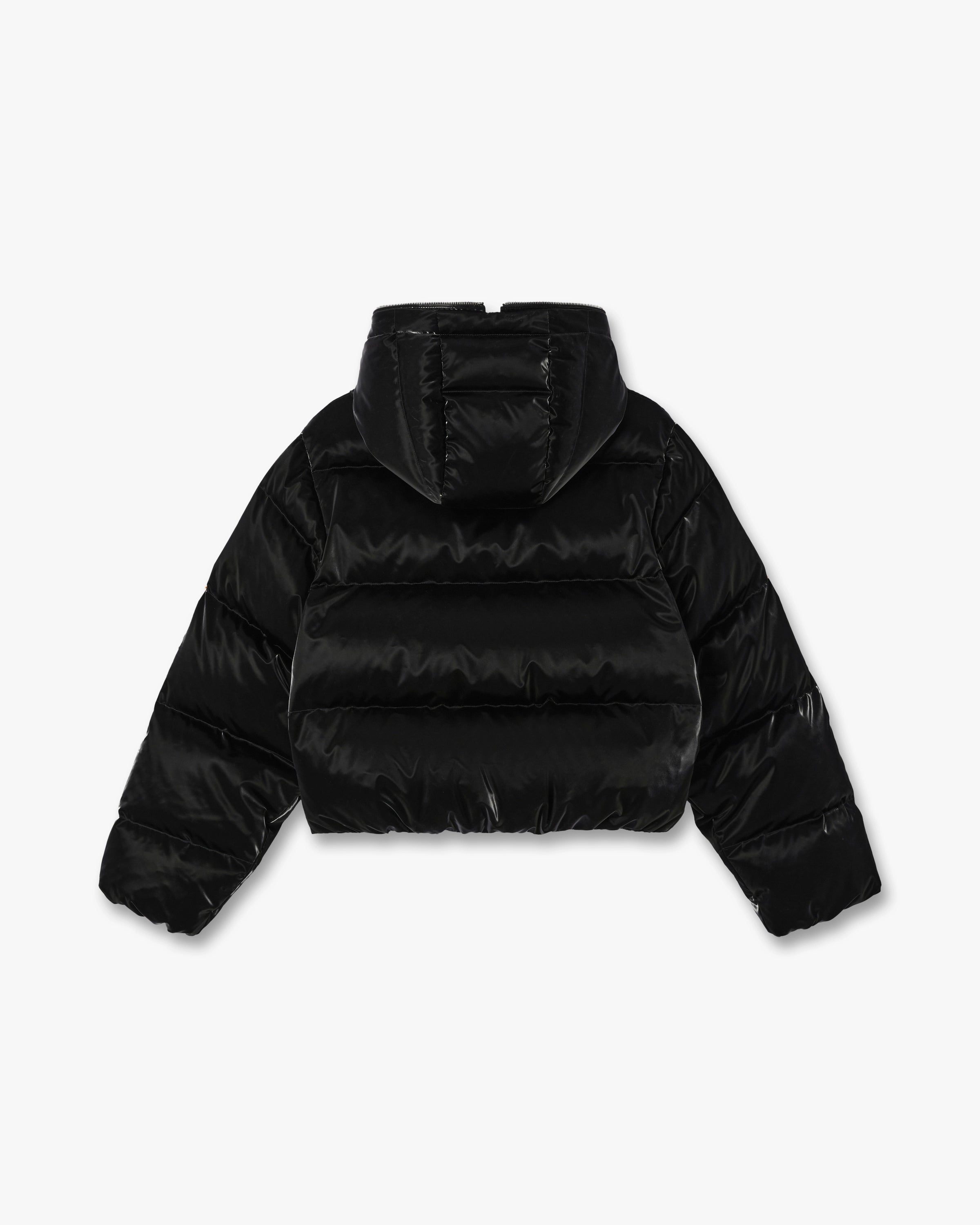 Black Lacquered Cropped Nylon Puffer Down Jacket