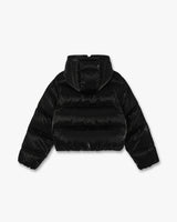 Black Lacquered Cropped Nylon Puffer Down Jacket