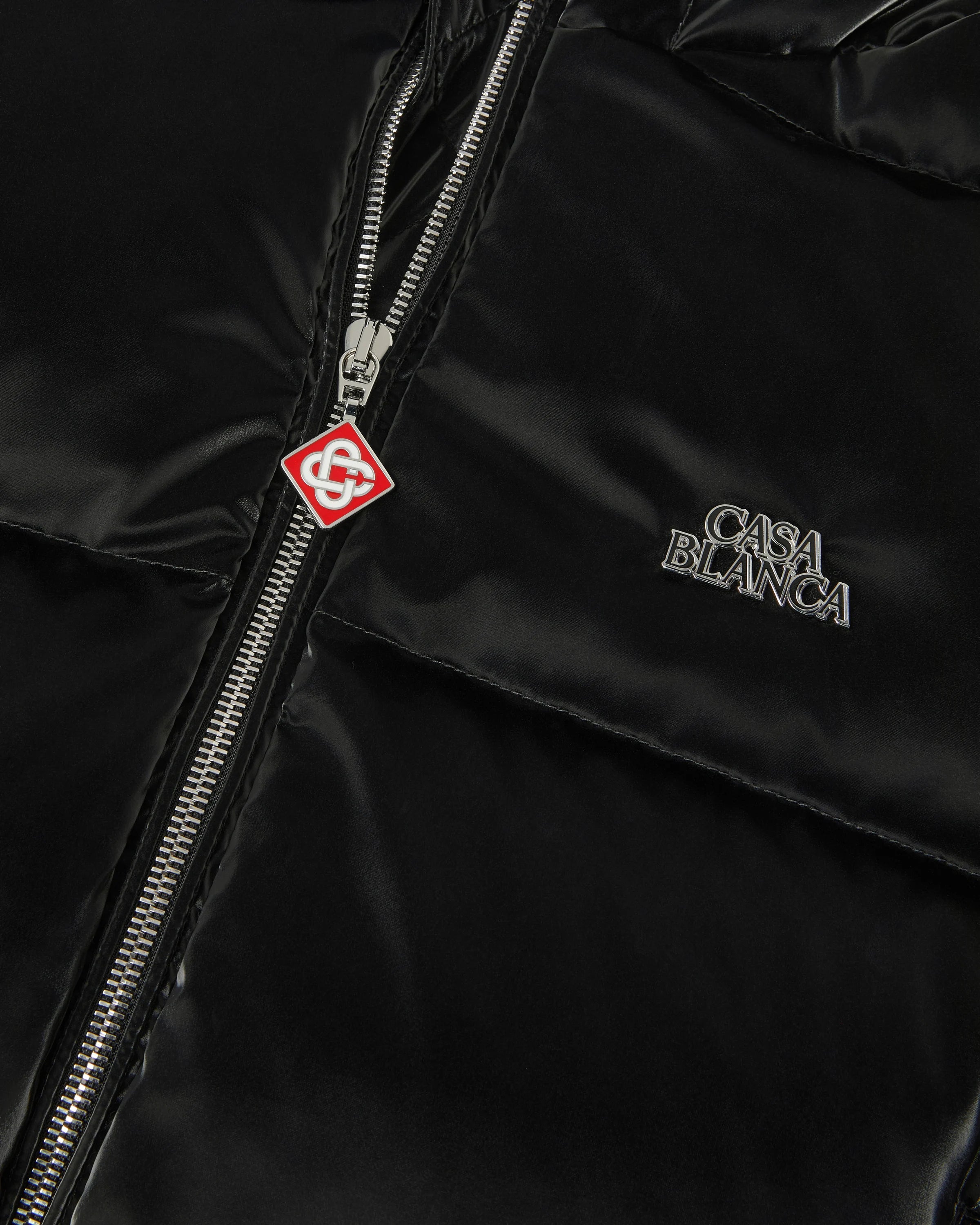 Black Lacquered Cropped Nylon Puffer Down Jacket