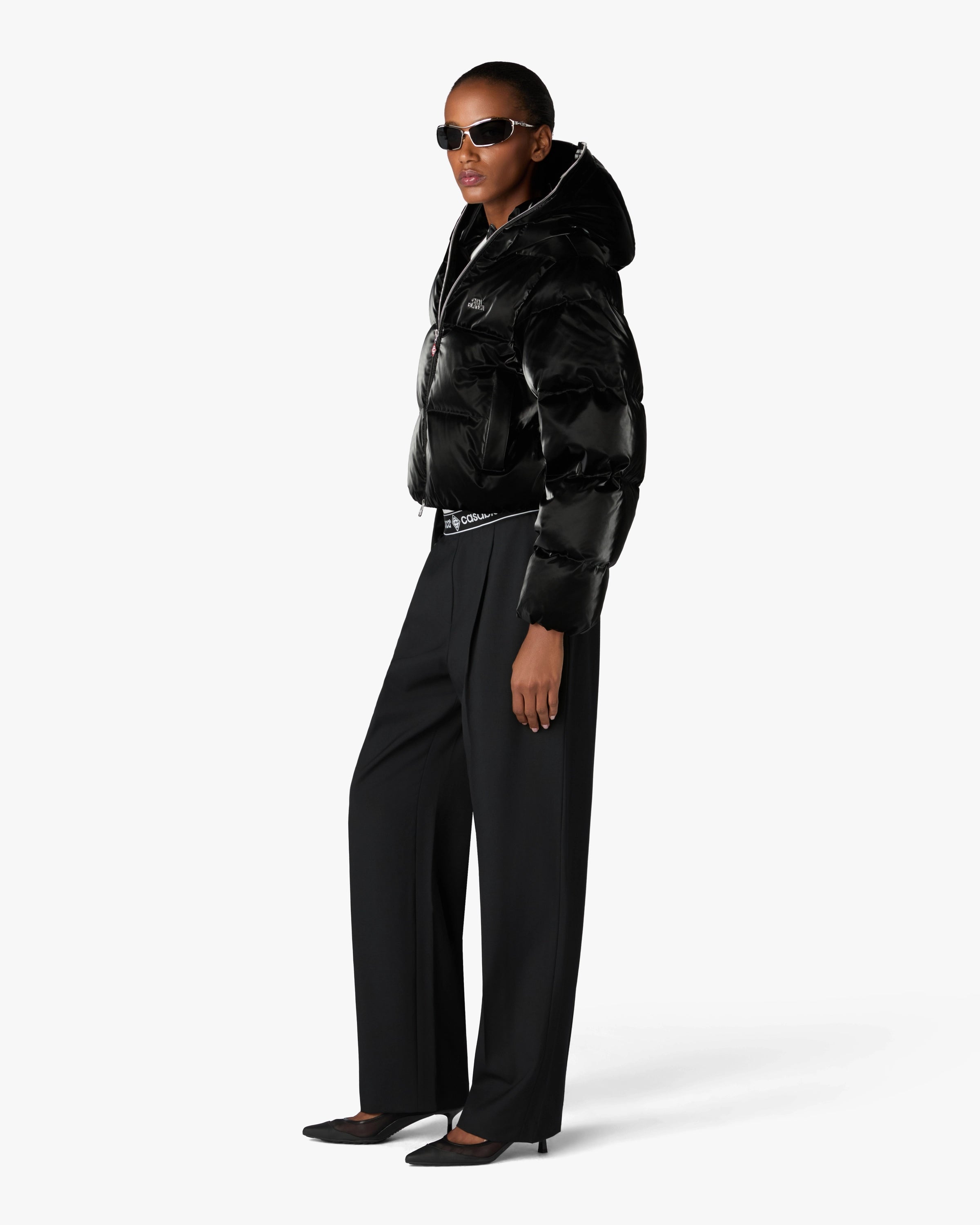 Black Lacquered Cropped Nylon Puffer Down Jacket