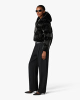 Black Lacquered Cropped Nylon Puffer Down Jacket