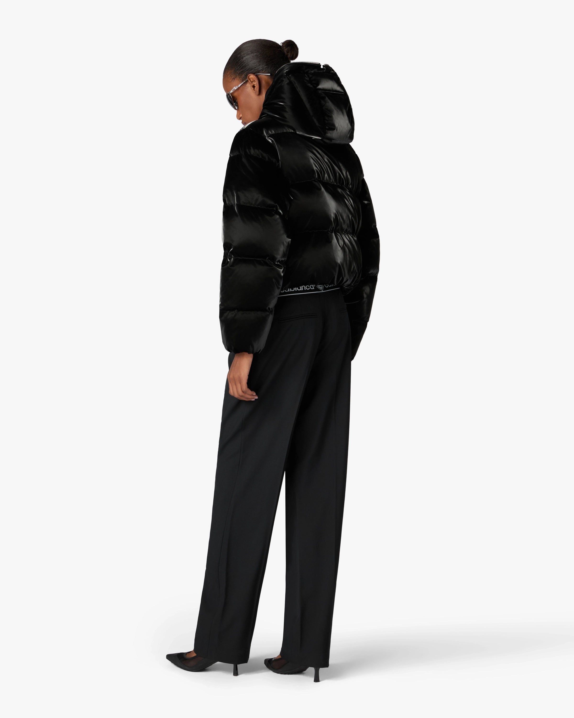 Black Lacquered Cropped Nylon Puffer Down Jacket