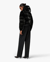 Black Lacquered Cropped Nylon Puffer Down Jacket