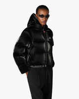 Black Lacquered Cropped Nylon Puffer Down Jacket
