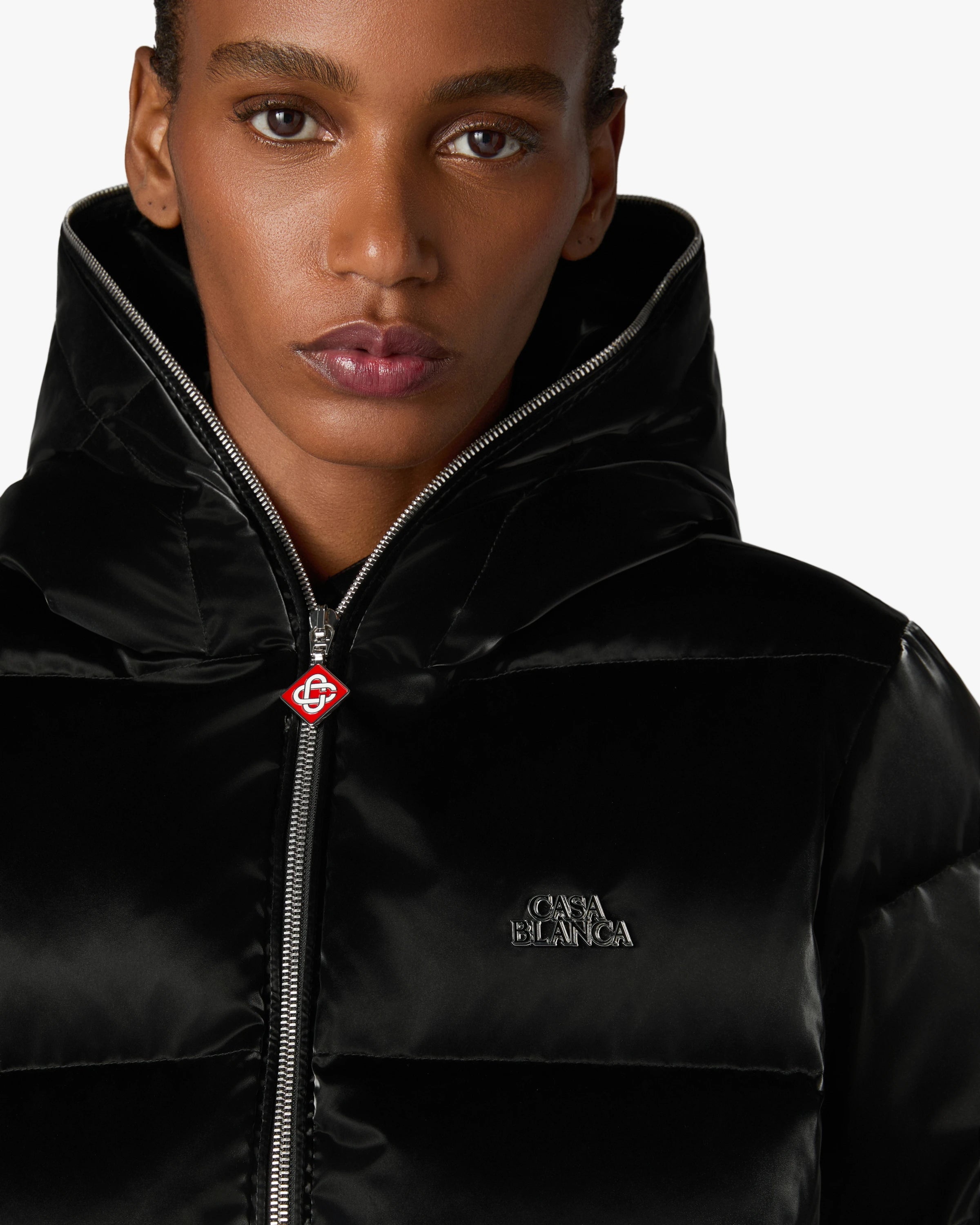 Black Lacquered Cropped Nylon Puffer Down Jacket