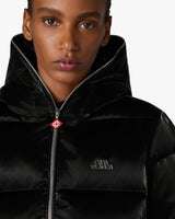 Black Lacquered Cropped Nylon Puffer Down Jacket