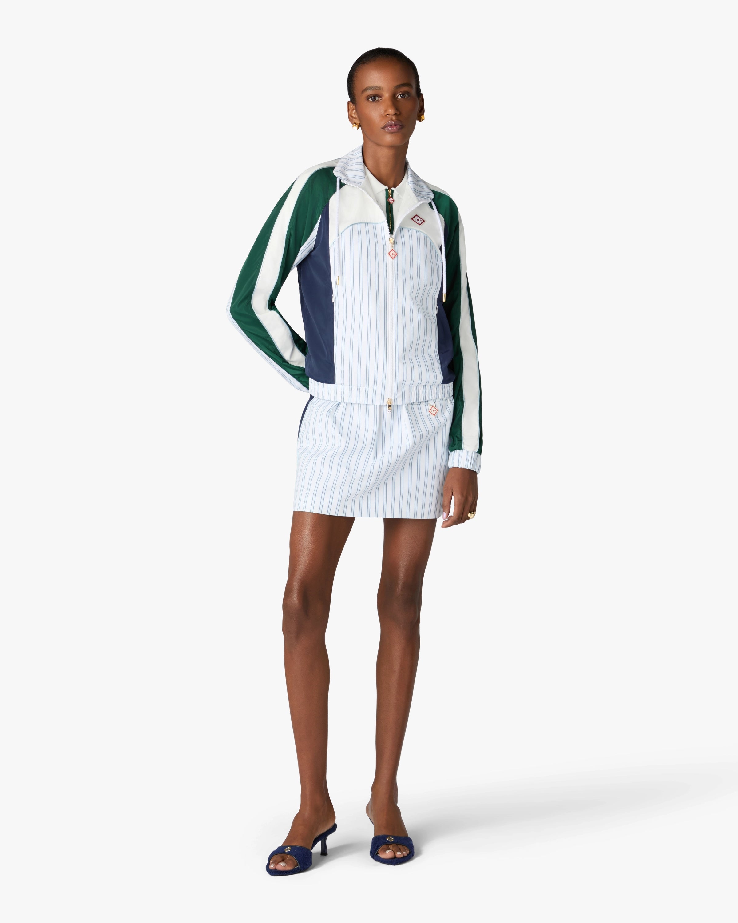 White & Navy Pinstripe Mini Skirt