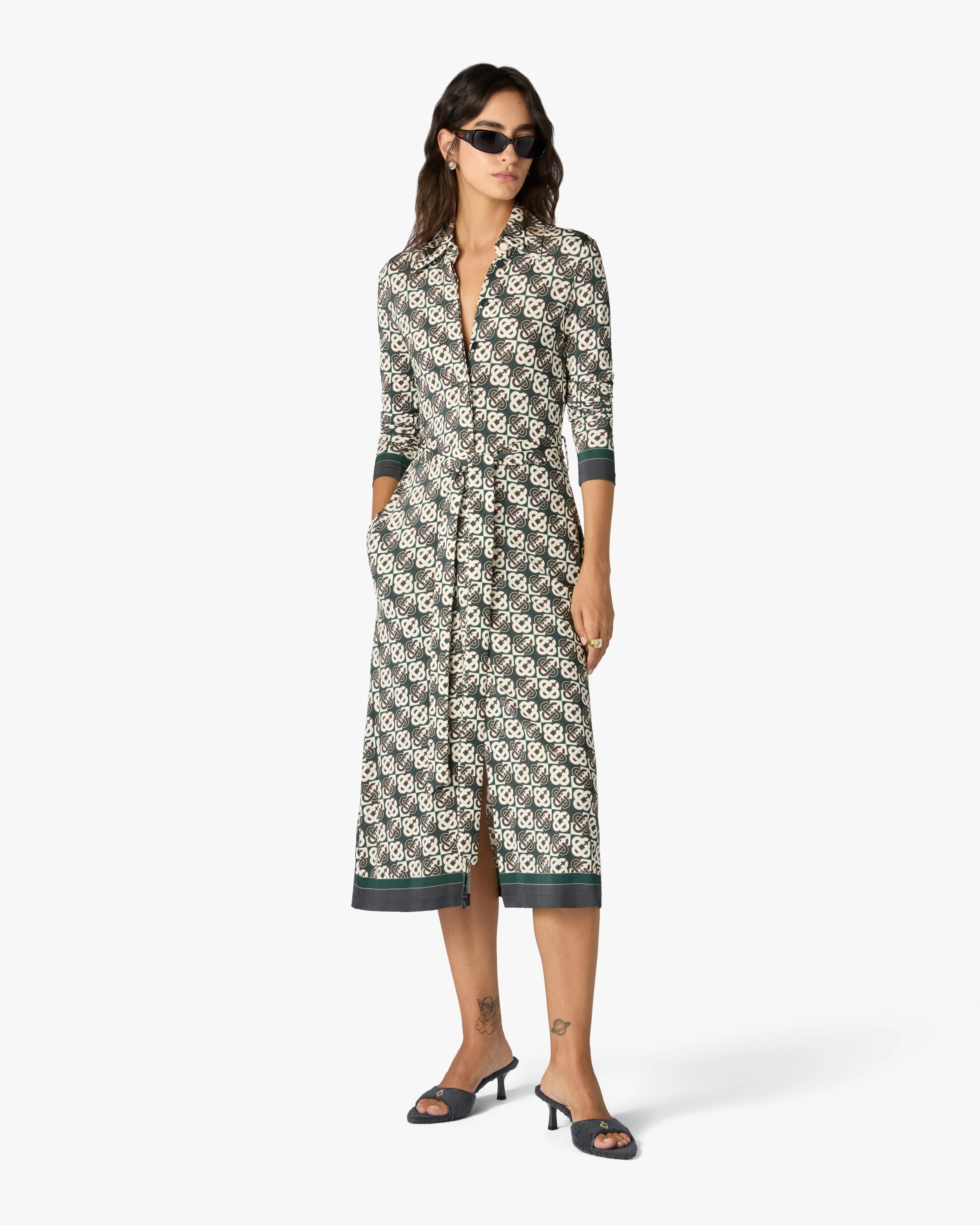 Green & Navy Check Jersey Monogram Midi Dress