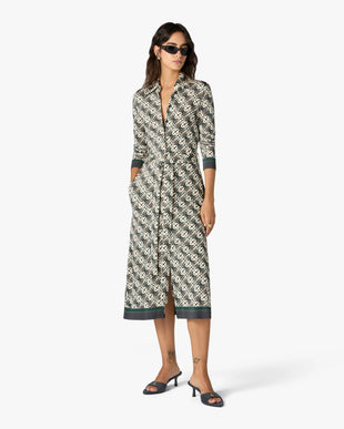 Green & Navy Check Jersey Monogram Midi Dress