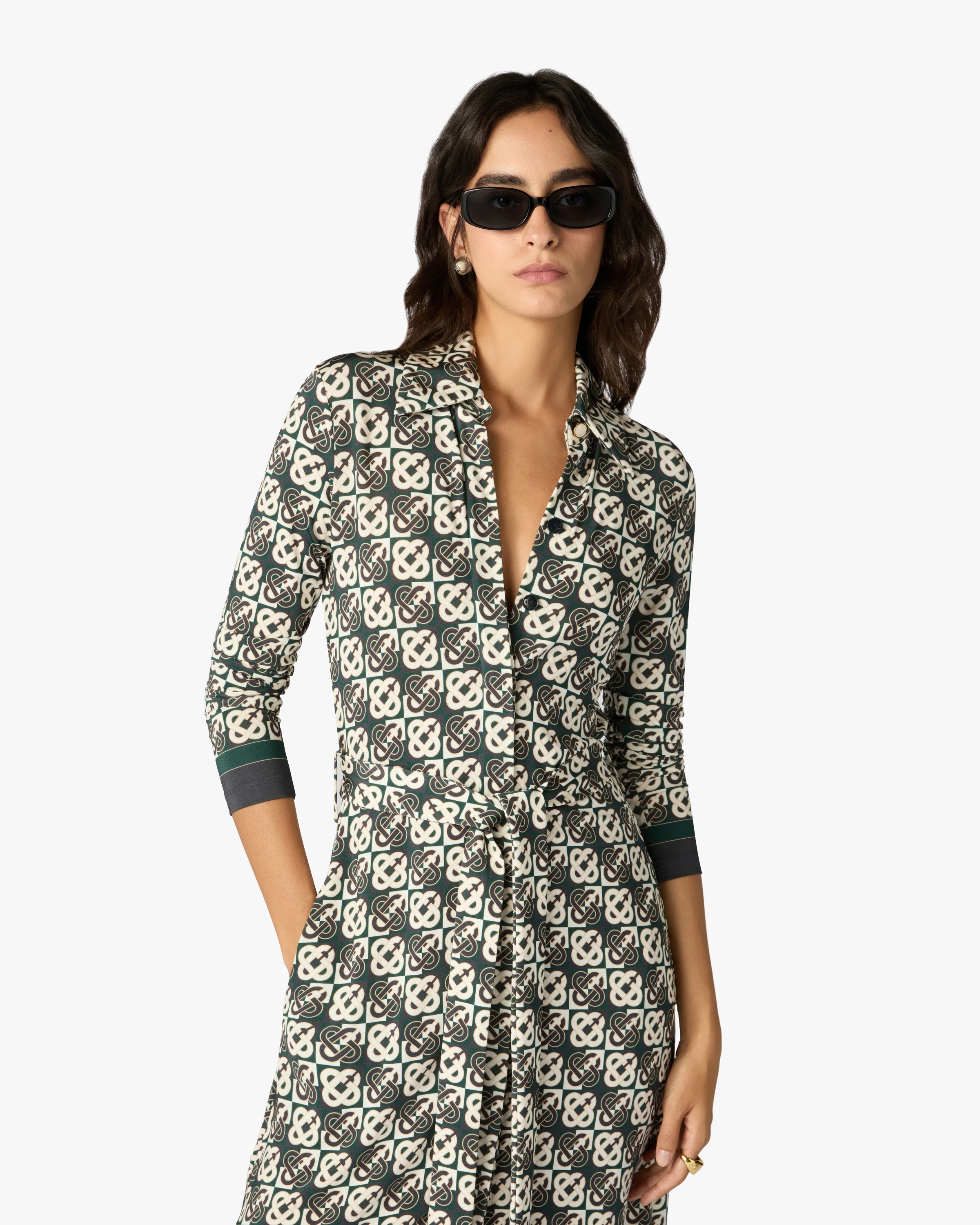 Green & Navy Check Jersey Monogram Midi Dress