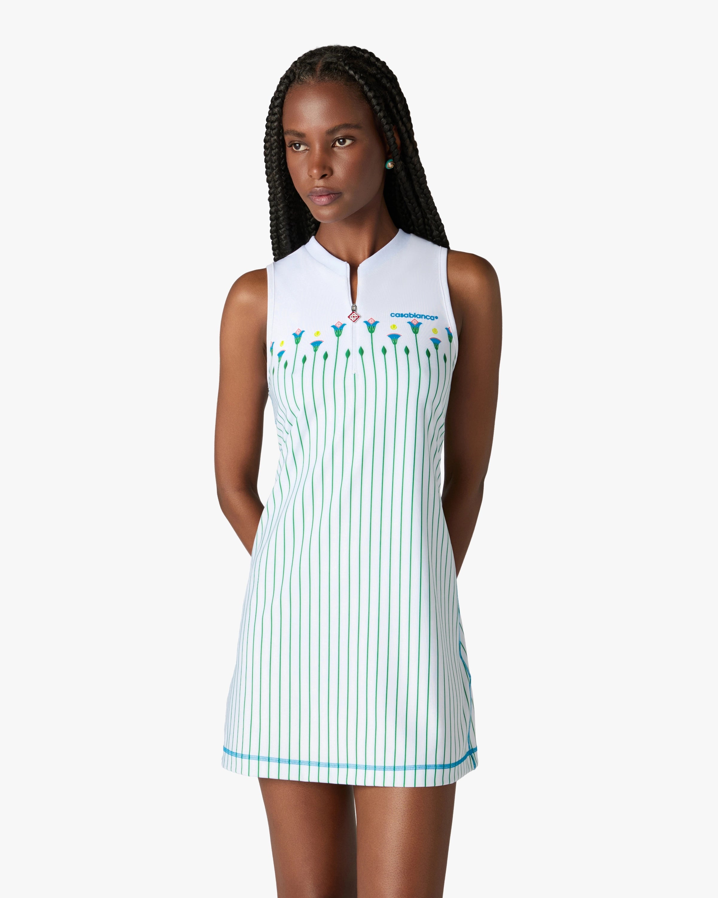 White Floral Stripe Sporty Tennis Mini Dress