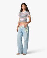Multicolour Striped Shirred Short Sleeve Polo Shirt