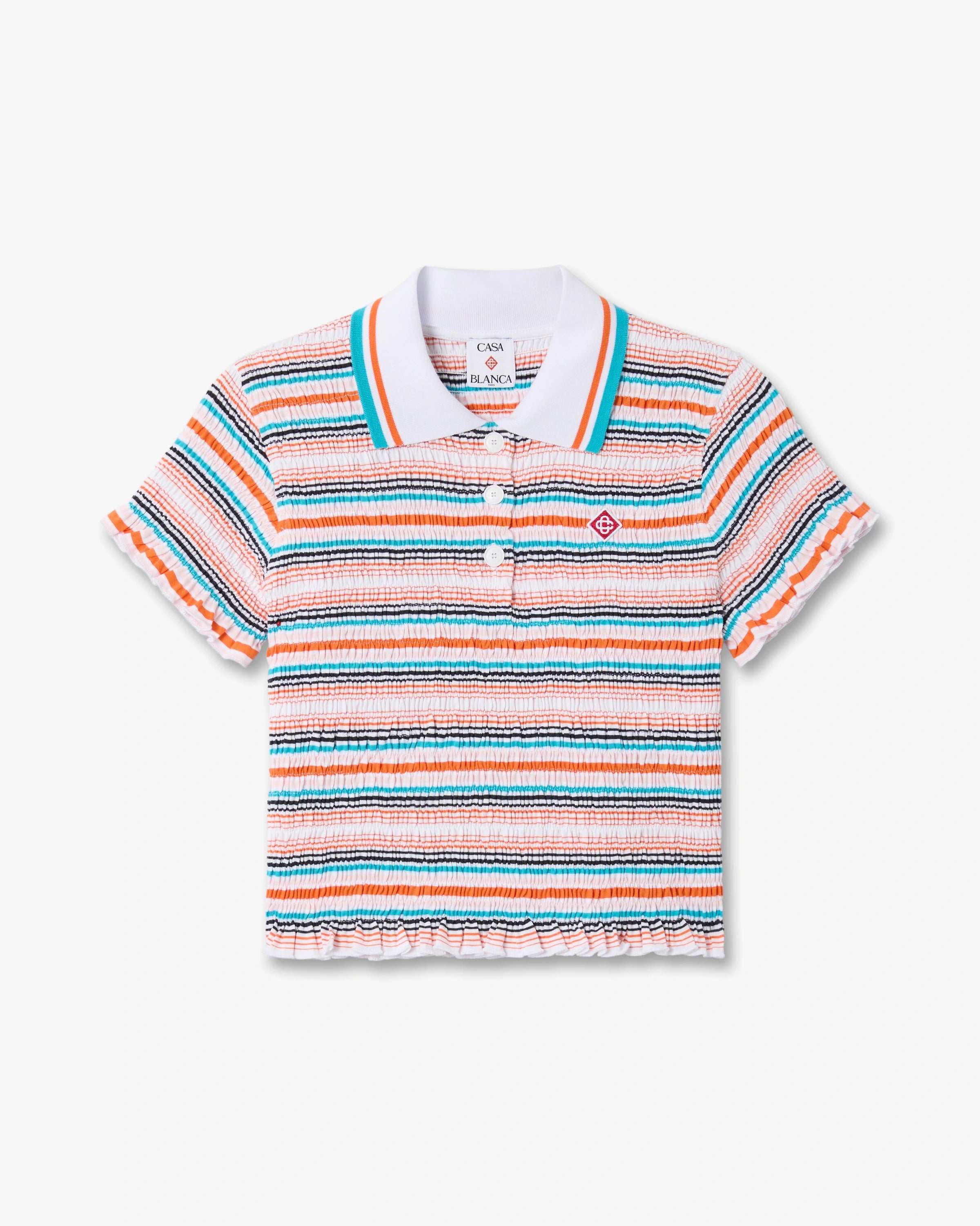 Multicolour Striped Shirred Short Sleeve Polo Shirt