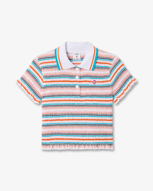 Multicolour Striped Shirred Short Sleeve Polo Shirt