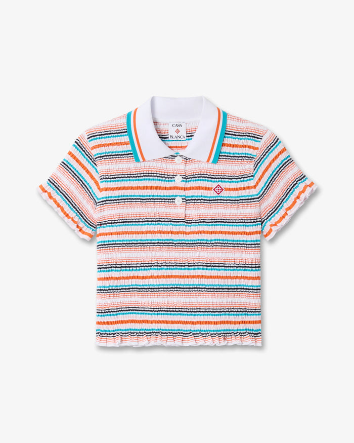 Multicolour Striped Shirred Short Sleeve Polo Shirt