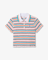 Multicolour Striped Shirred Short Sleeve Polo Shirt